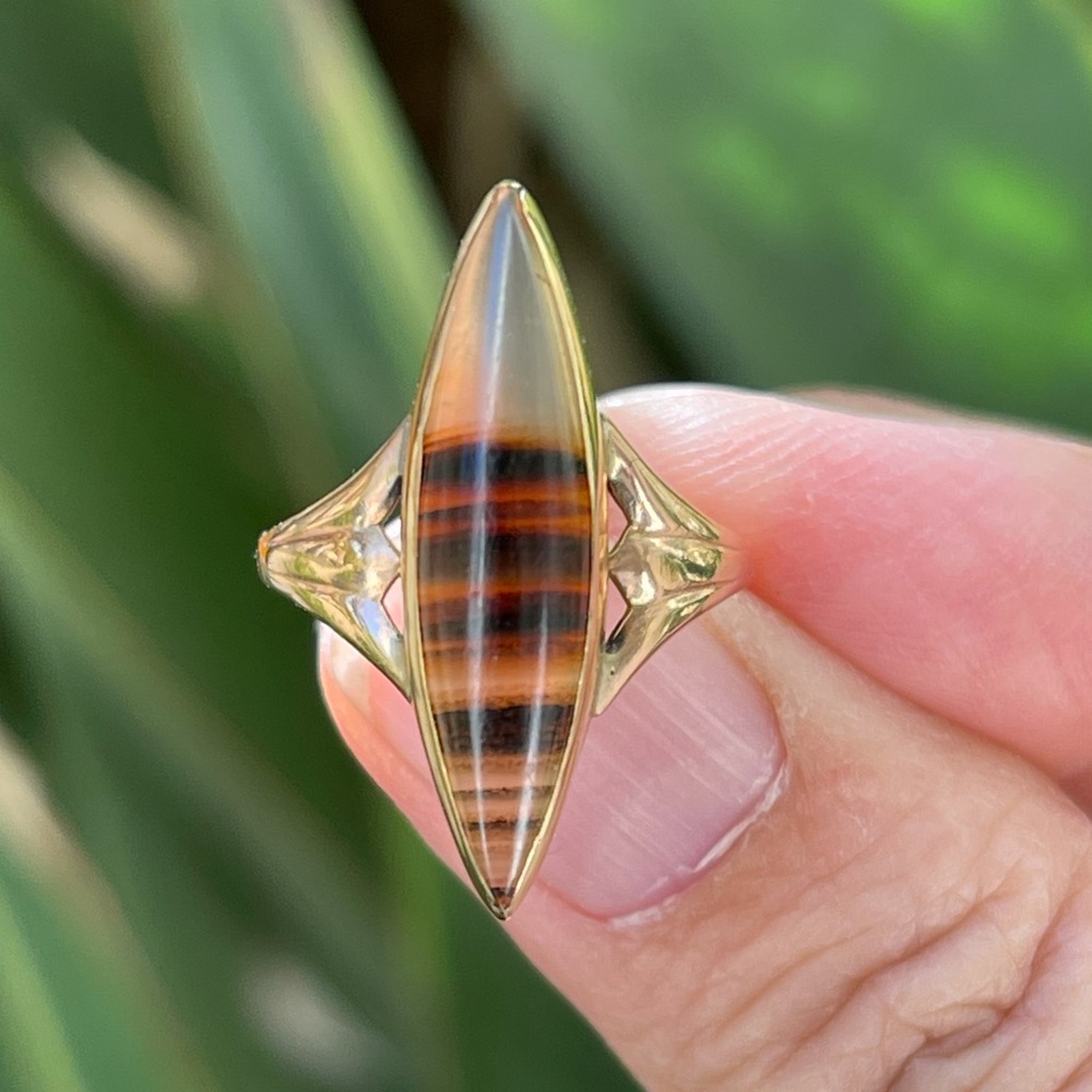 Victorian antique solid 10K rose gold banded agate ring - Picture 2 of 11